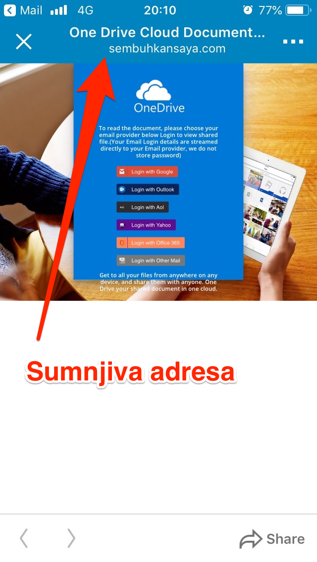 Lažna OneDrive strana na adresi embuhkansaya.com